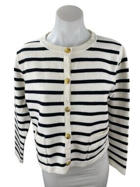 Lillusory Women Black White Striped Long Sleeve Button Up Cardigan Sweater Top M